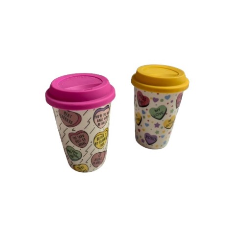 Tazas De Cerámica Con Tapadera De Hule, Diseño Con Corazones 